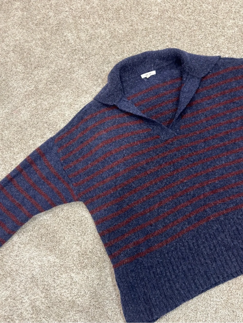 Maurices Cozier than Cashmere Navy and Maroon Striped V-Neck Collared Sweater